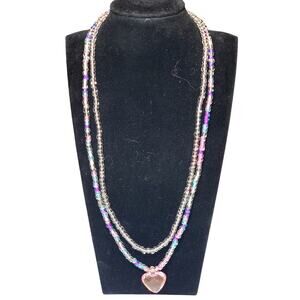 Retro Beaded Double Strand Necklace Heart Pendant Dangle 18"